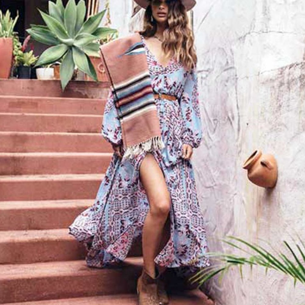 Bohemian Gypsy Blue Floral Print Maxi Dress - Picture 2 of 5